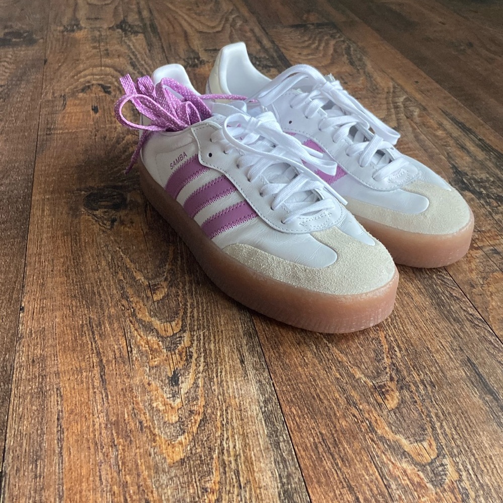 Women’s Pink and White Adidas Sambas